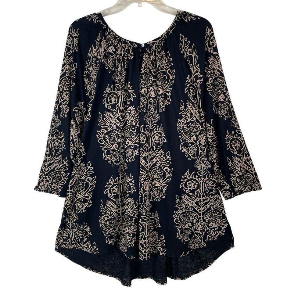 Lucky Brand keyhole blouse Women’s 3X black and tan floral 3/4 sleeve NEW